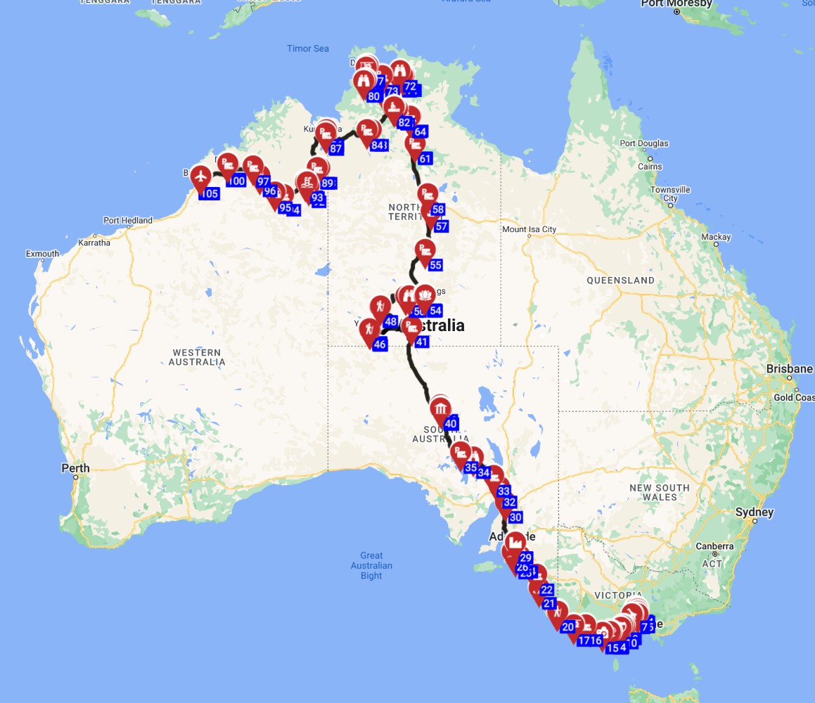 Map for Melbourne to Broome - The Aussie Frontier Journey